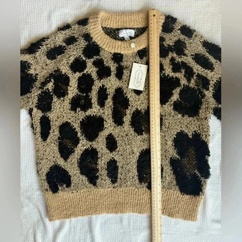 mudpie sweater women small Leopard Tan Cozy Neutral Preppy Fall Winter shaggy - Picture 6 of 7